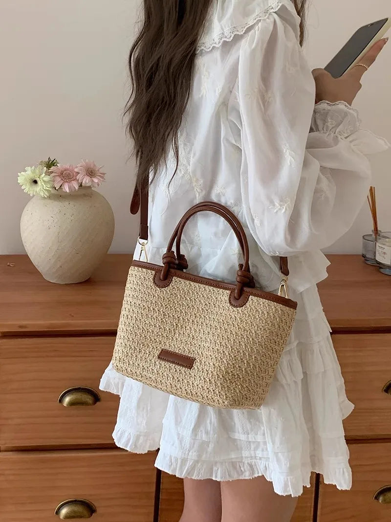 Bolsa Feminina de Palha Estilo Bucket – Casual, Leve e Sofisticada para o Verão