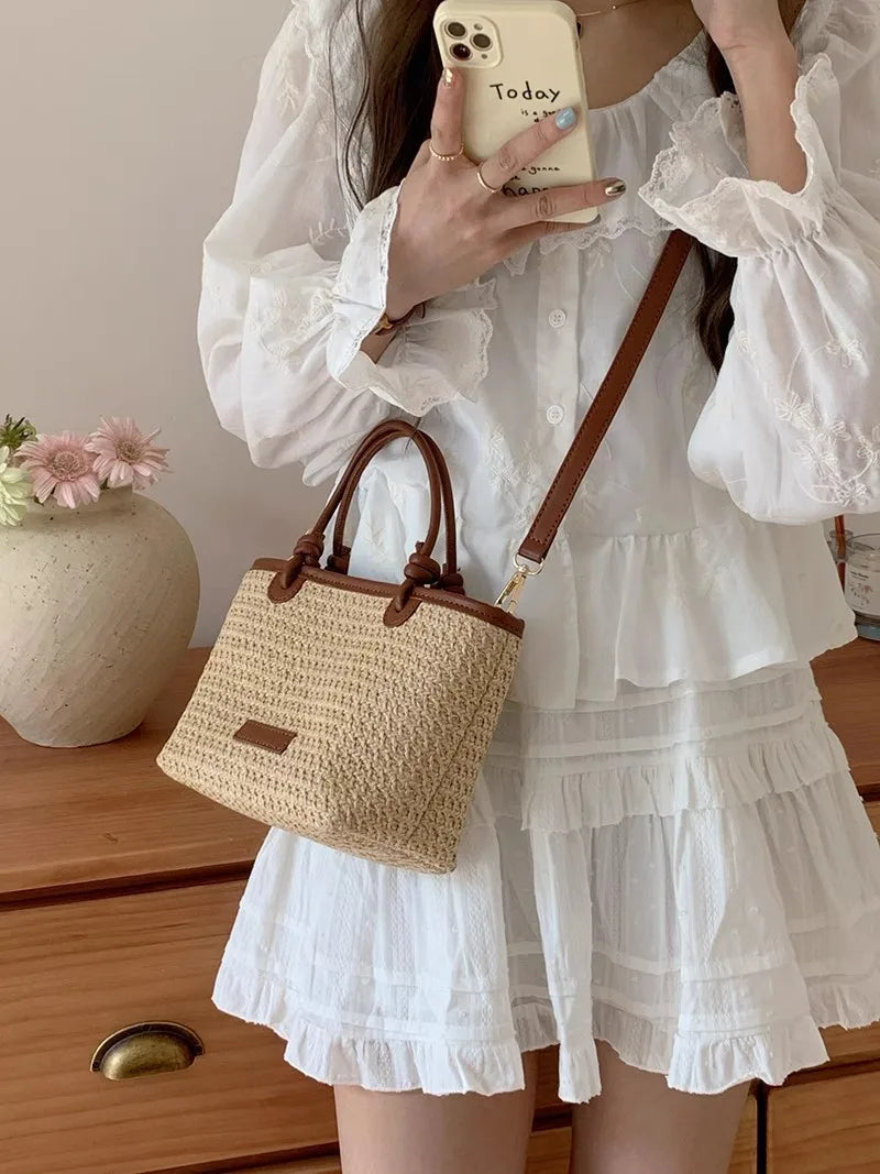 Bolsa Feminina de Palha Estilo Bucket – Casual, Leve e Sofisticada para o Verão